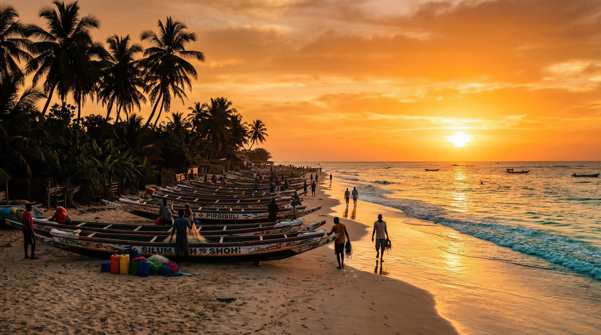 Plage dorée de Saly au coucher du soleil avec palmiers, Petite Côte du Sénégal