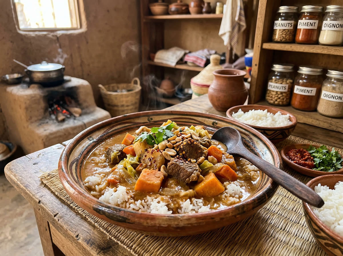 Mafé : ragoût de bœuf à la sauce d'arachide, servi avec du riz blanc