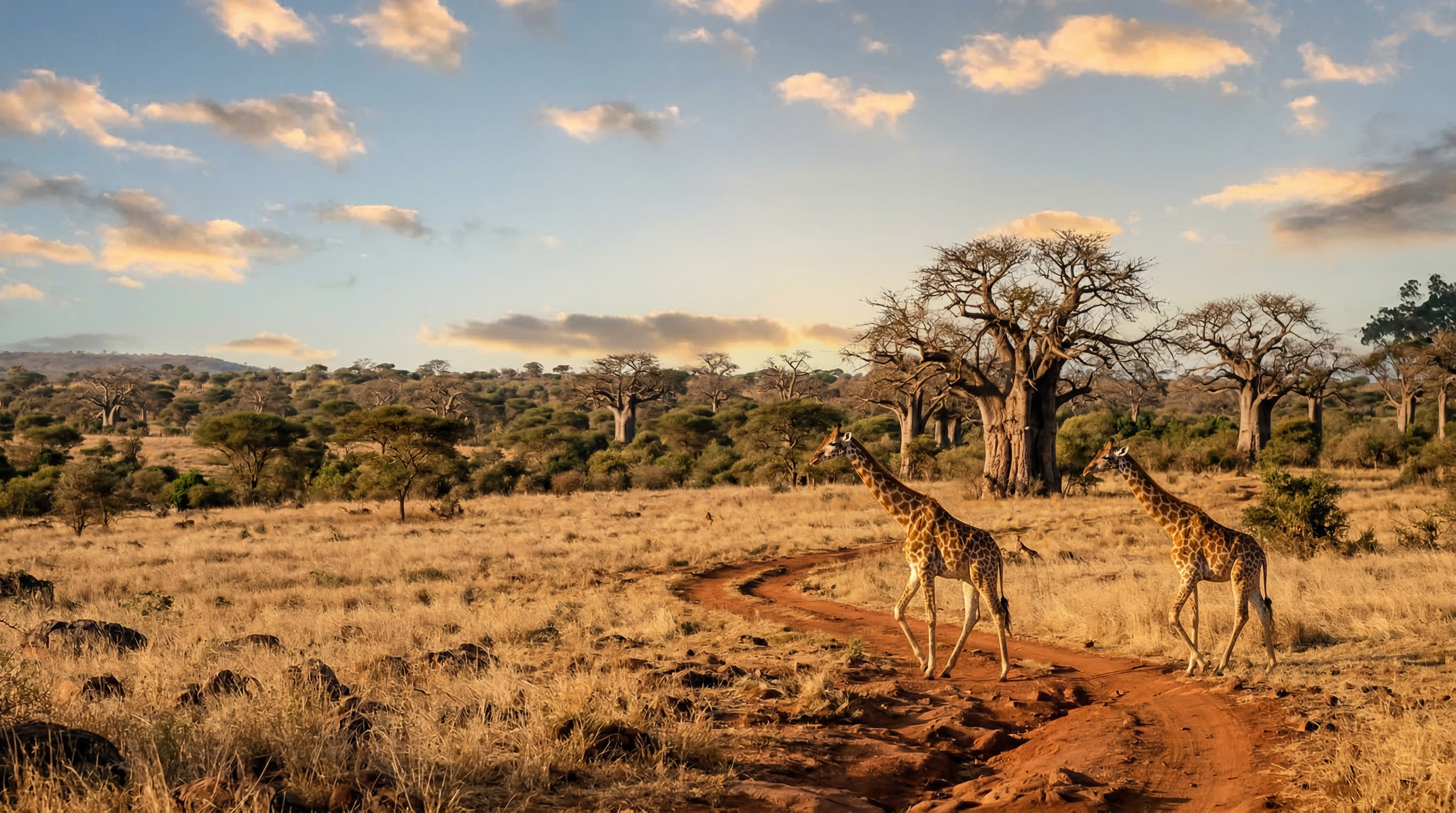 Girafes traversant une piste de terre rouge entre les baobabs dans la réserve de Bandia, près de Saly au Sénégal