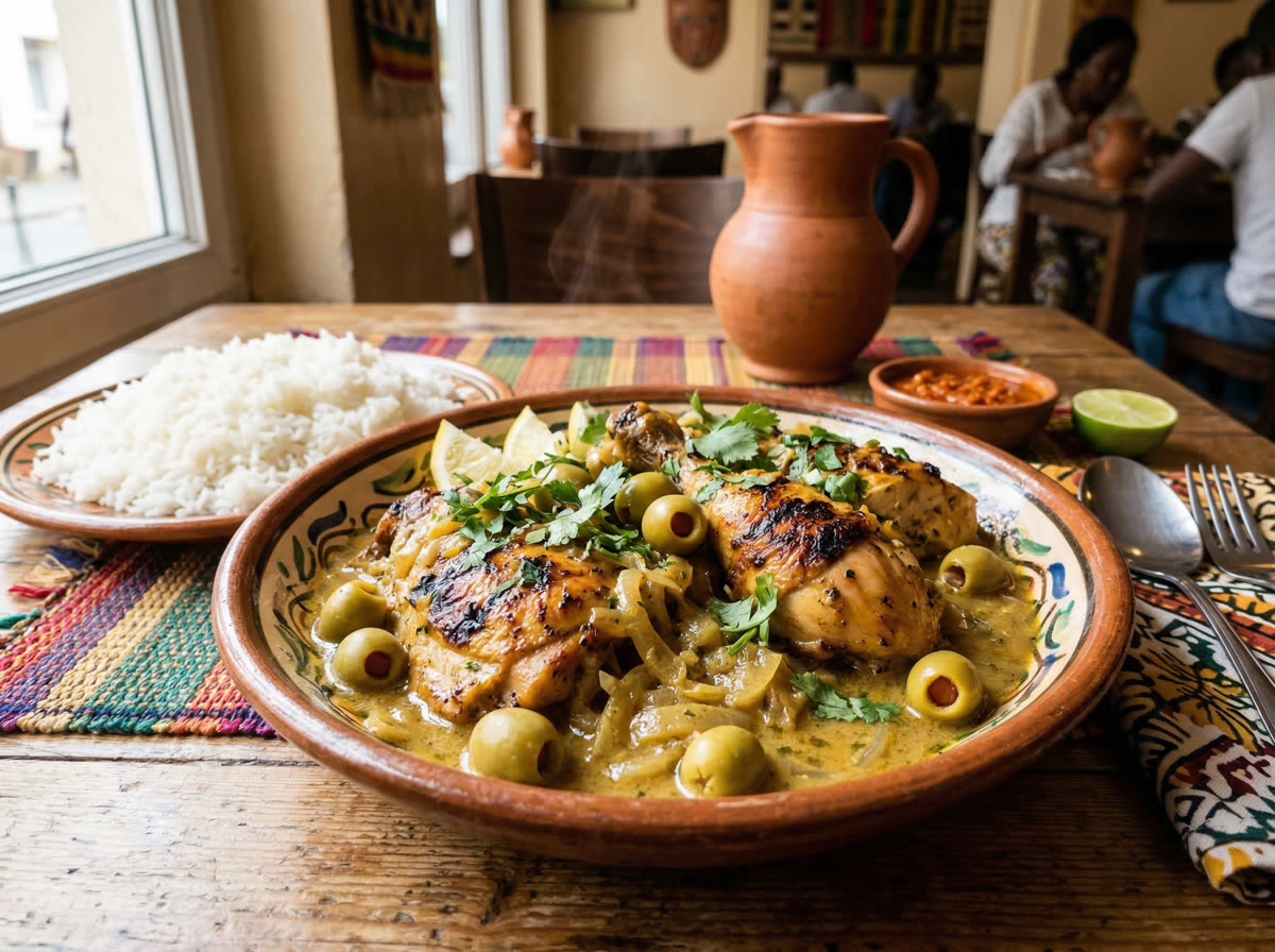 Yassa poulet : poulet mariné à l'oignon et au citron, servi avec du riz